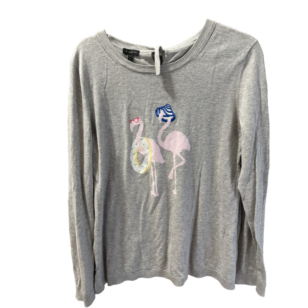 Talbots L Grey Flamingo Tee with Tie back Cotton Blend Beachy Vacation Whimsical - Picture 2 of 9